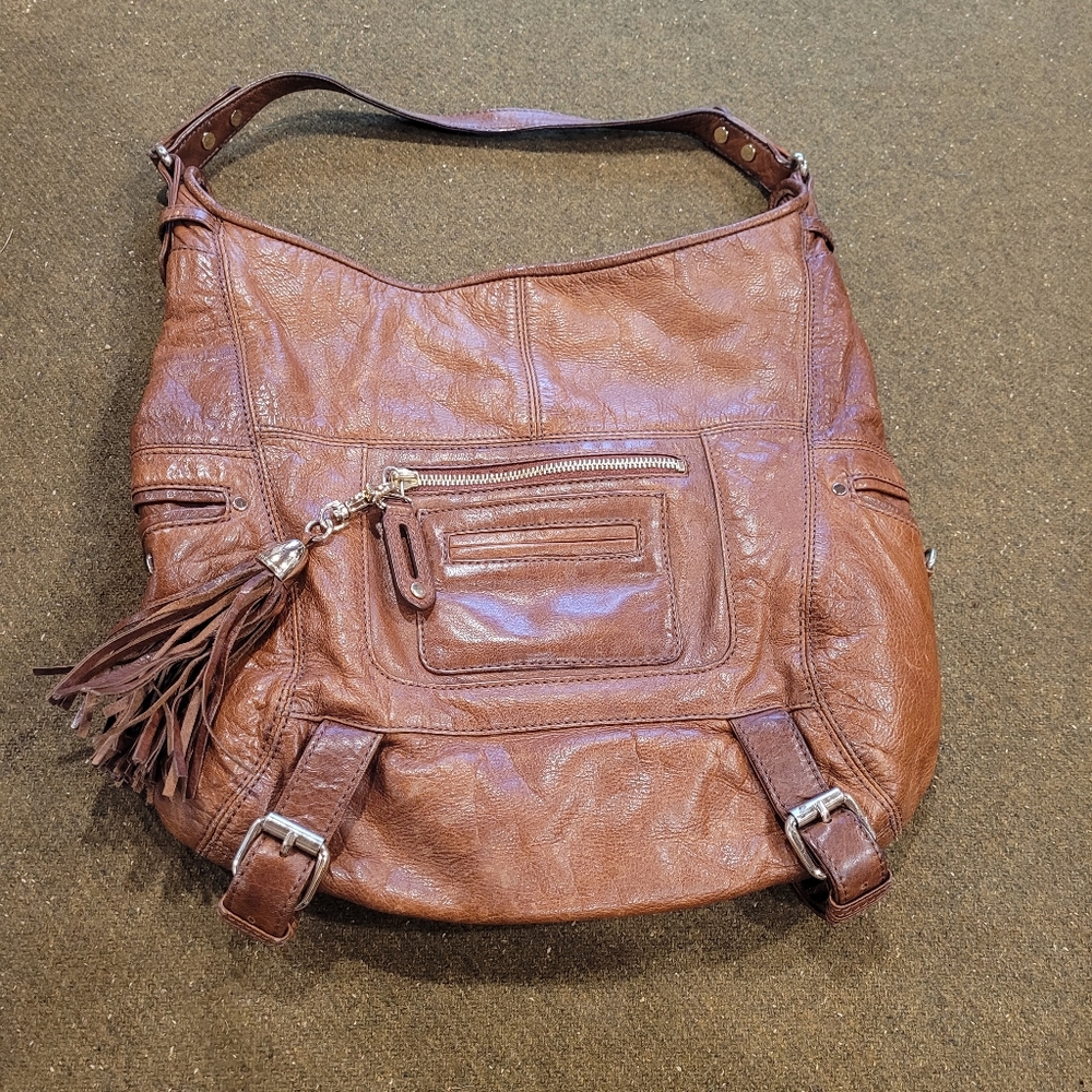 Rebecca Minkoff brown soft hobo purse tassle leather gold hardware